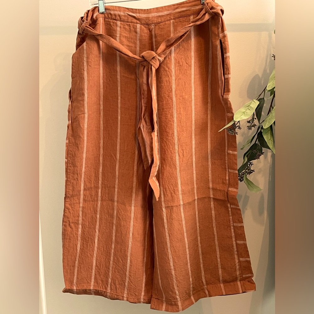Anthropologie Wide Leg Linen Pants - XL - Burnt Orange / Cream Stripe